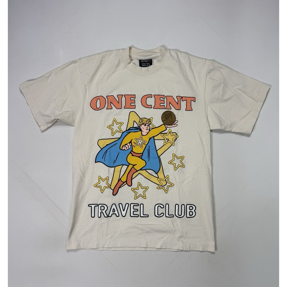 HOWDY One Cent Travel Club Adventure Awaits Graphic T Shirt Mens Small Beige USA